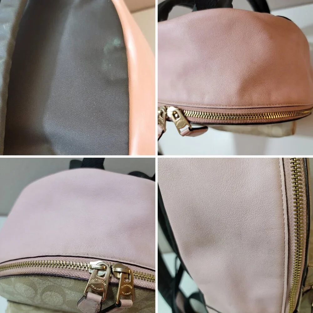 COACH Signature Canvas Mini Backpack Khaki Pink Leather Trim Bag - Picture 10 of 11